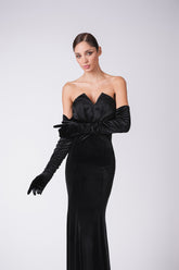 Velour evening gown with satin bustier and gloves